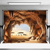 Lofaris Cave Entrance Photography Backdrop Looking out on African Savanna Nature Scenery with Acacia Trees Photo Prop
